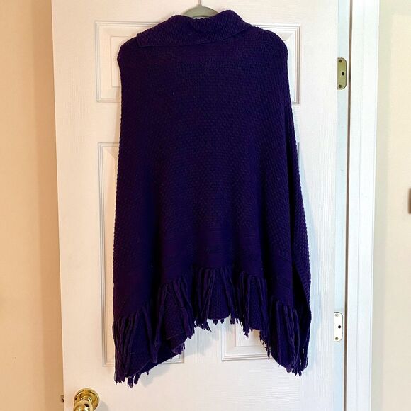 Coldwater Creek Womens Poncho Sweater Purple Fringe Wool Blend One Size - Picture 6 of 11